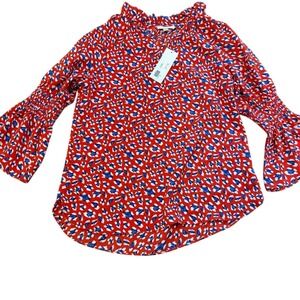 Jade Melody Tam Red & White Ruffle Neck 3/4‎ Cinched Bell Sleeve Blouse XS NWT
